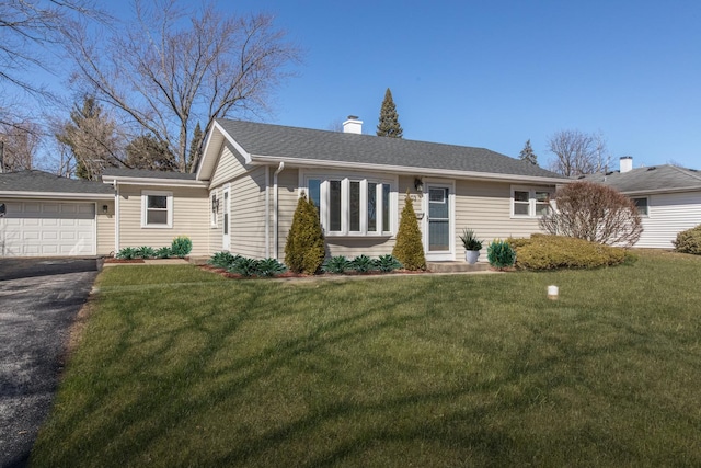 ranch-style house with a chimney and a front lawn