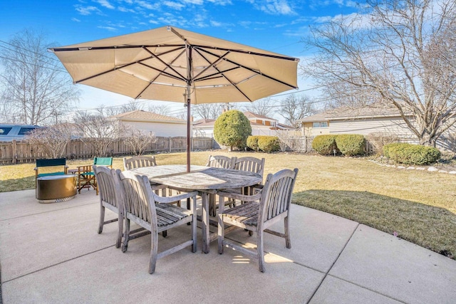 view of patio with a fenced backyard and outdoor dining space