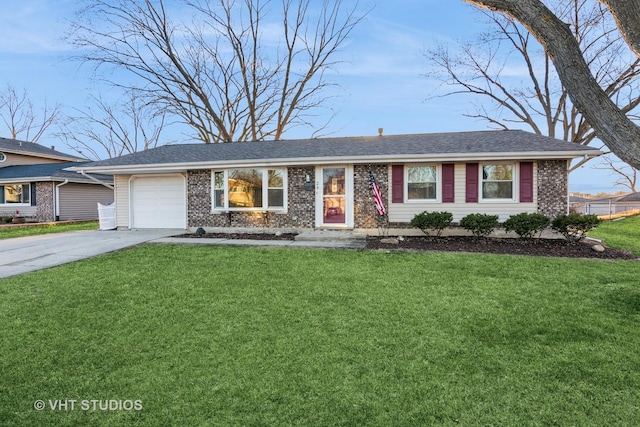 single story home featuring driveway, a garage, roof with shingles, a front yard, and brick siding