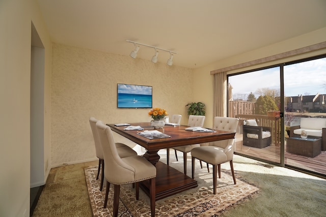 dining area featuring carpet flooring and rail lighting