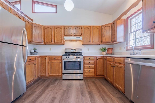 kitchen with lofted ceiling, under cabinet range hood, appliances with stainless steel finishes, and light countertops