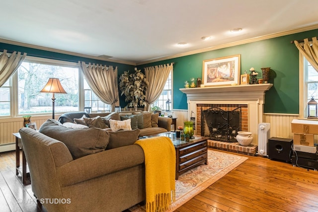 living room featuring wood-type flooring, a fireplace, crown molding, and wainscoting