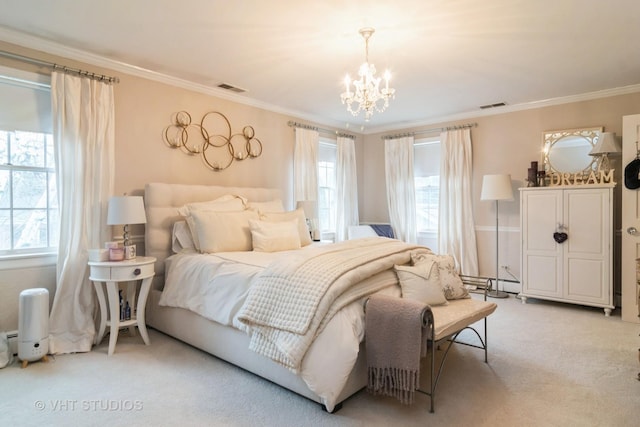 bedroom featuring light carpet, ornamental molding, visible vents, and a notable chandelier