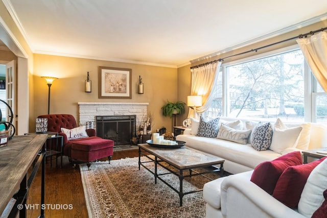 living area featuring dark wood-style floors, a fireplace, and crown molding