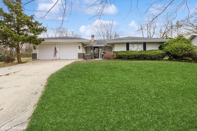 ranch-style house with a garage, brick siding, concrete driveway, a chimney, and a front yard