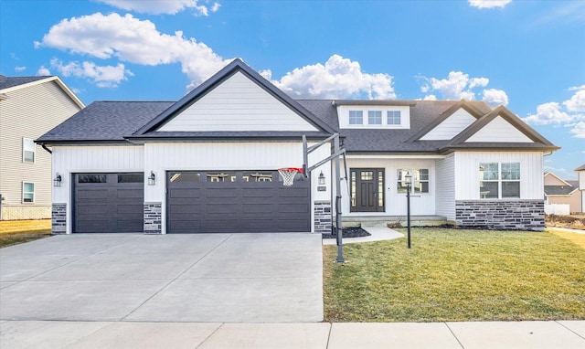 modern inspired farmhouse featuring a front yard, driveway, roof with shingles, a garage, and board and batten siding