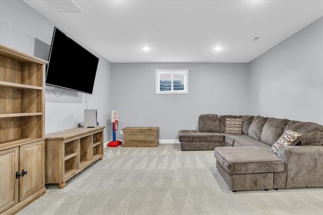 living room with light carpet, visible vents, recessed lighting, and baseboards