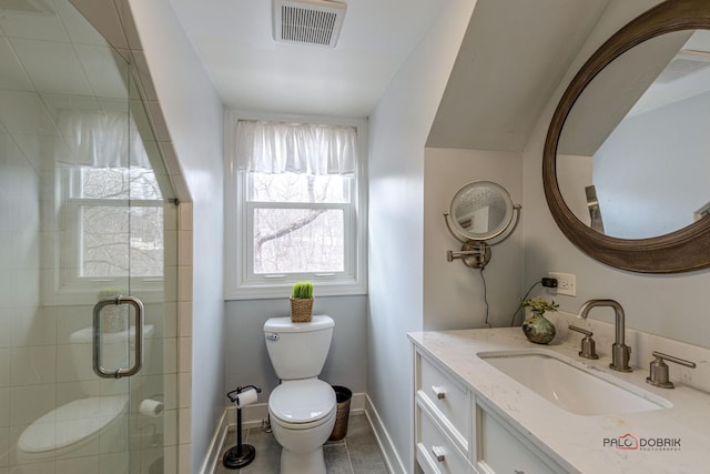 full bathroom with visible vents, baseboards, toilet, vanity, and a shower stall