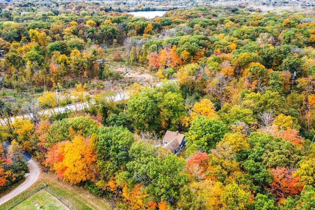 bird's eye view featuring a water view and a wooded view