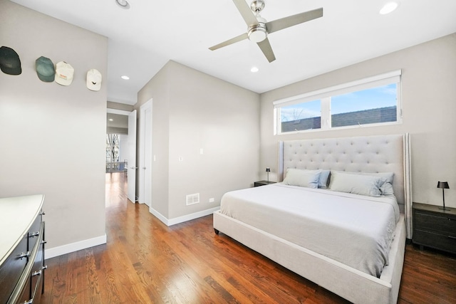 bedroom featuring recessed lighting, ceiling fan, baseboards, and wood finished floors