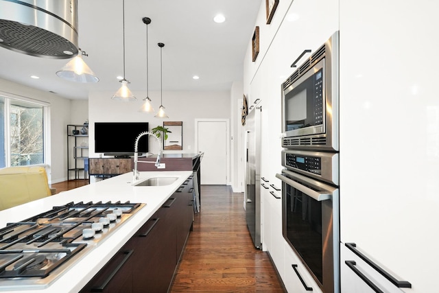 kitchen featuring stainless steel appliances, dark wood-type flooring, a sink, light countertops, and modern cabinets