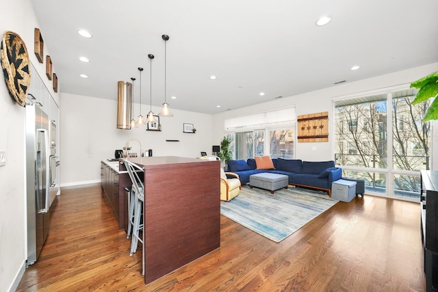 kitchen featuring dark wood-style floors, plenty of natural light, stainless steel appliances, and recessed lighting