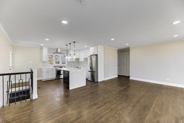 kitchen with dark wood-style flooring, a kitchen island, white cabinets, light countertops, and appliances with stainless steel finishes