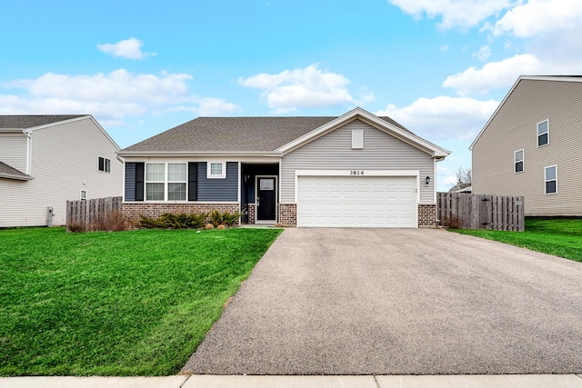 single story home featuring a garage, driveway, brick siding, fence, and a front yard