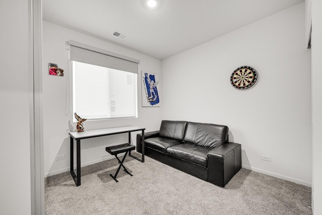 home office with baseboards, visible vents, and carpet flooring