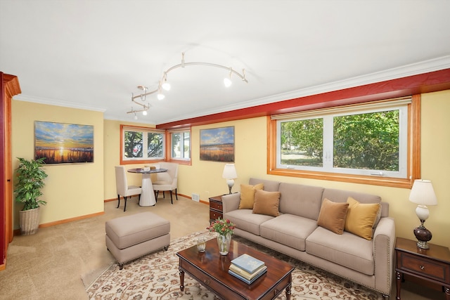 living room with ornamental molding, carpet, plenty of natural light, and baseboards