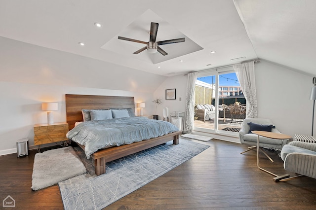 bedroom featuring ceiling fan, vaulted ceiling, wood finished floors, access to outside, and baseboards