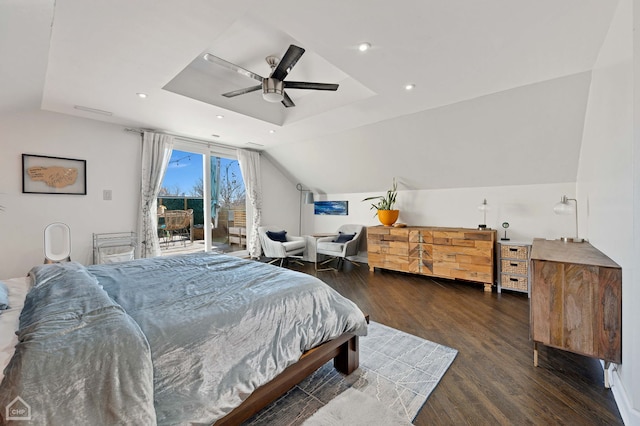 bedroom with recessed lighting, wood finished floors, a ceiling fan, access to exterior, and vaulted ceiling