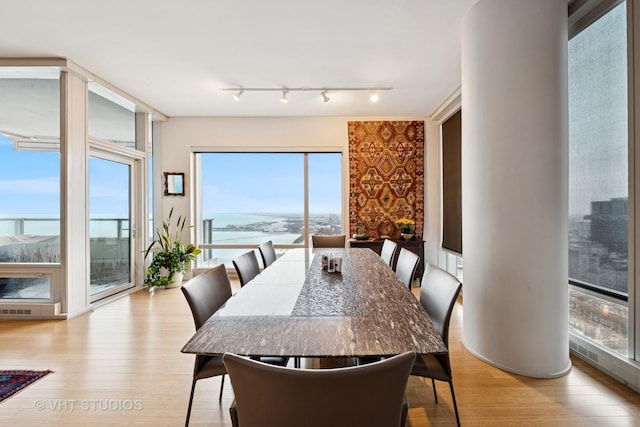 dining space featuring light wood finished floors, track lighting, and floor to ceiling windows