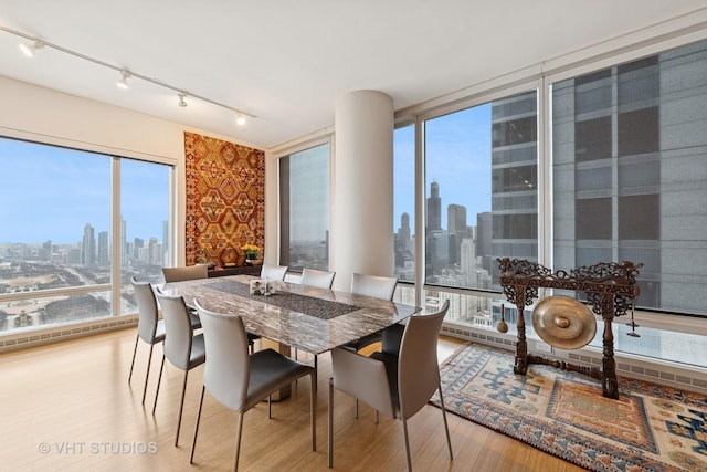 dining space with light wood-style floors, track lighting, and a city view