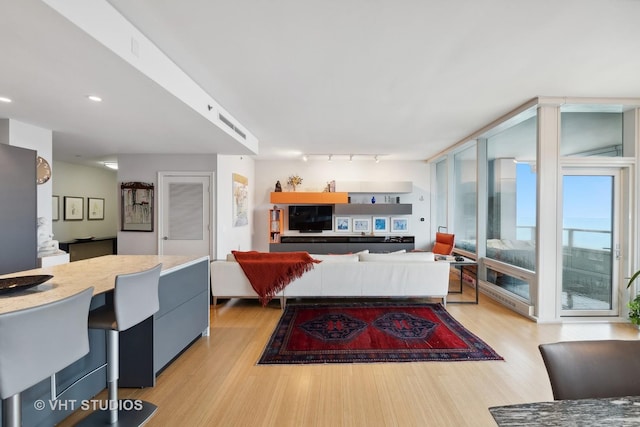 interior space featuring light wood finished floors and floor to ceiling windows