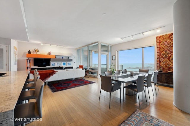 dining room with light wood-type flooring and rail lighting