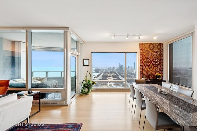 dining room featuring a view of city, wood finished floors, and rail lighting