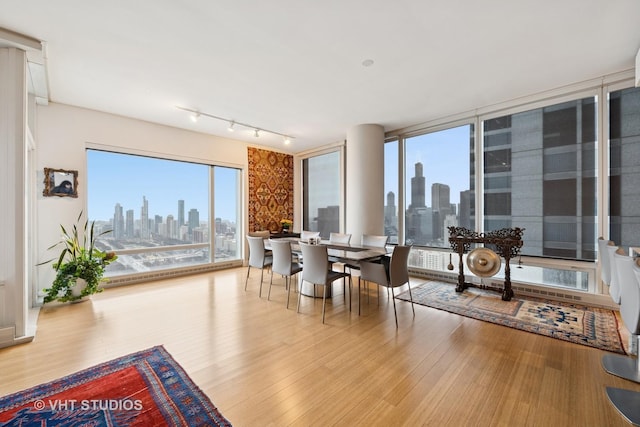 dining space with rail lighting, a city view, and wood finished floors