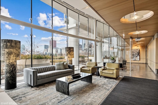 lobby with a city view