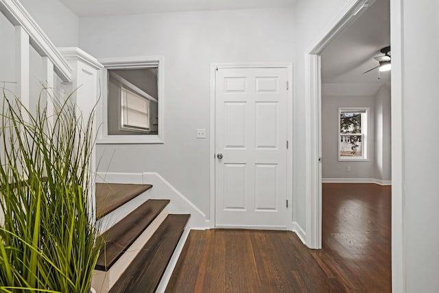 entrance foyer featuring stairway, baseboards, ceiling fan, and dark wood-style flooring