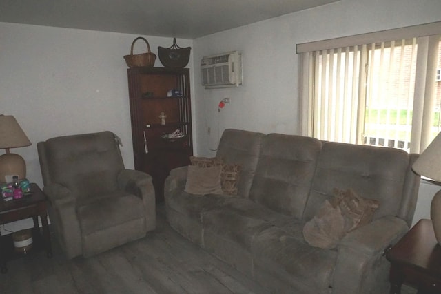 living area with a wall mounted air conditioner and wood finished floors