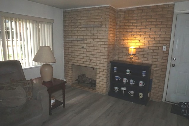 living room with a fireplace and wood finished floors