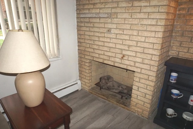 room details with a baseboard radiator, wood finished floors, and a brick fireplace