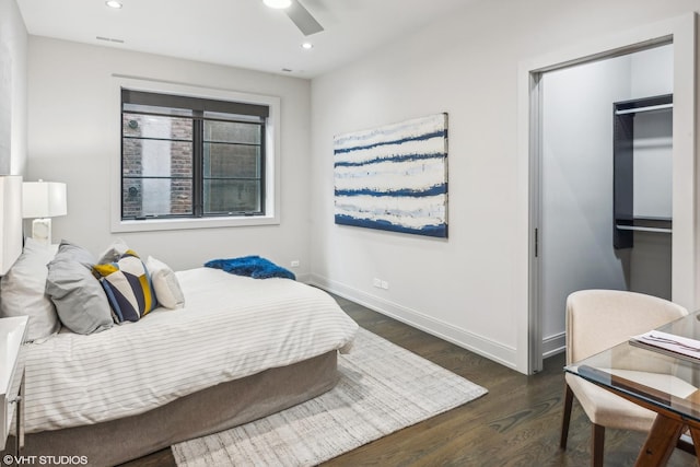 bedroom with ceiling fan, baseboards, wood finished floors, and recessed lighting