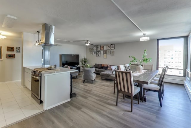 dining space featuring light wood finished floors and a textured ceiling