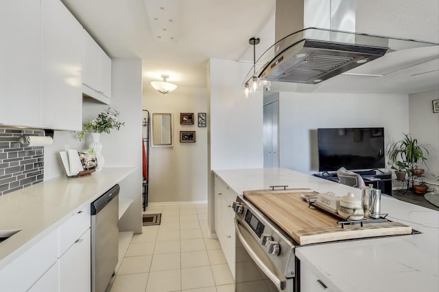 kitchen with white cabinetry, open floor plan, decorative backsplash, dishwasher, and island exhaust hood