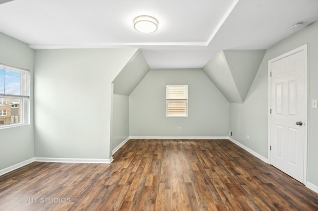 additional living space featuring lofted ceiling, wood finished floors, and baseboards