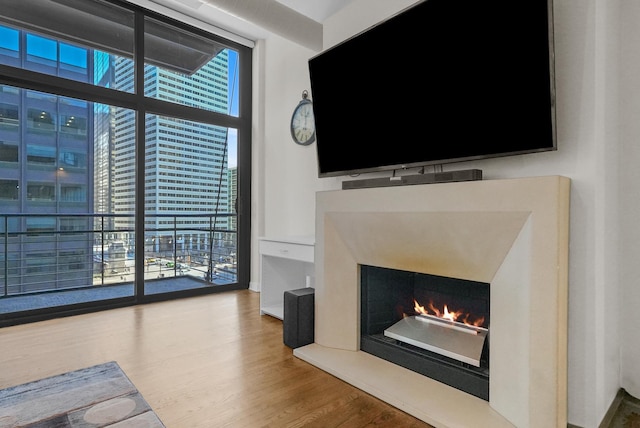 living room with expansive windows, wood finished floors, and a high end fireplace