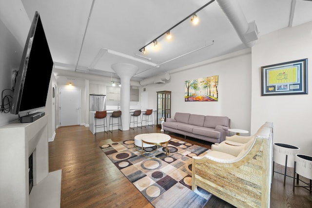 living area with wood finished floors and rail lighting