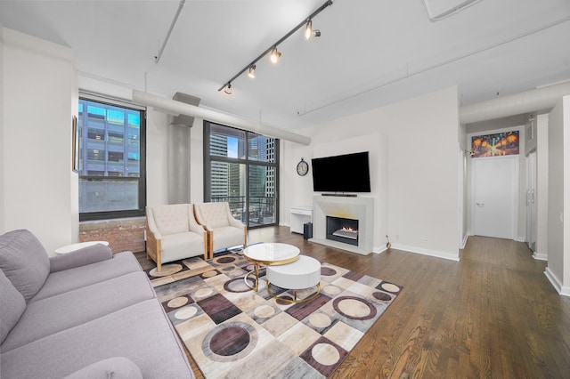 living room with baseboards, wood finished floors, a lit fireplace, floor to ceiling windows, and track lighting