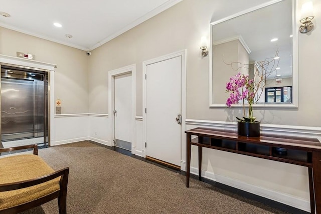 entrance foyer with baseboards, recessed lighting, elevator, and crown molding