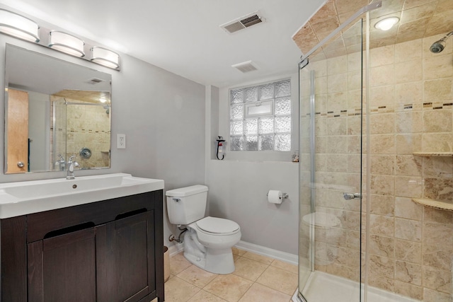 bathroom with toilet, a shower stall, visible vents, and tile patterned floors