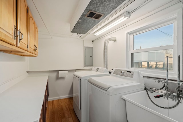 laundry room with cabinet space, electric panel, visible vents, dark wood-style flooring, and a sink