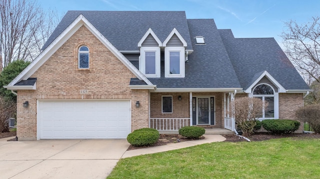 view of front of house with a shingled roof, a front lawn, brick siding, a porch, and concrete driveway