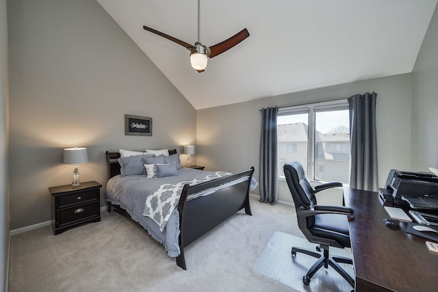 bedroom featuring light colored carpet, baseboards, ceiling fan, and high vaulted ceiling