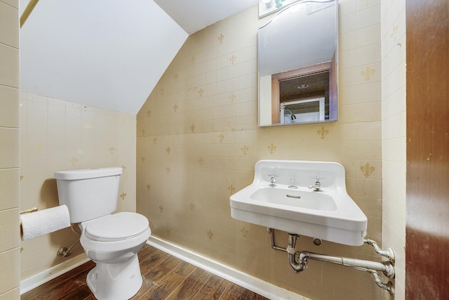 bathroom featuring a sink, lofted ceiling, toilet, and wood finished floors