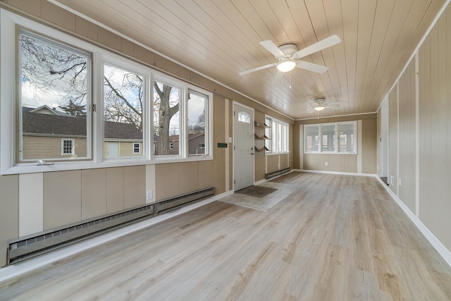 unfurnished sunroom with ceiling fan, wooden ceiling, baseboard heating, and a baseboard radiator