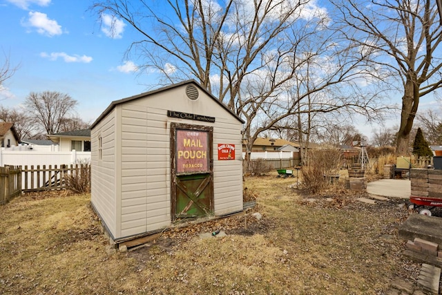 view of shed with a fenced backyard