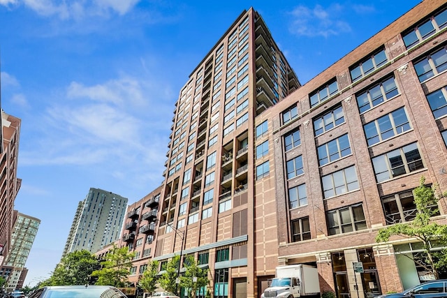 view of building exterior with a city view