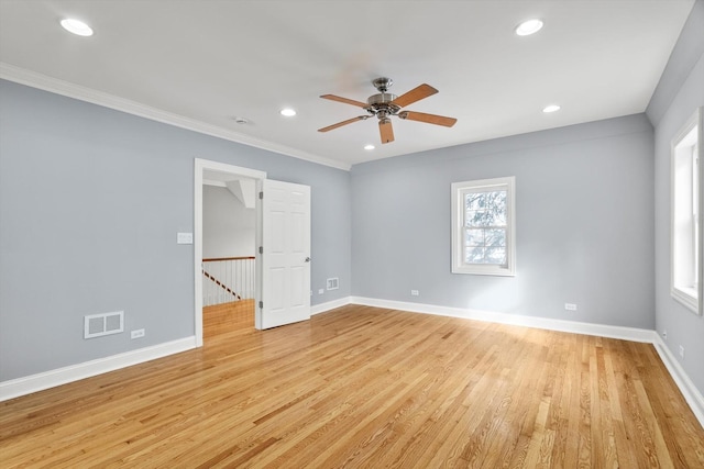 empty room featuring baseboards, visible vents, a ceiling fan, light wood-type flooring, and recessed lighting